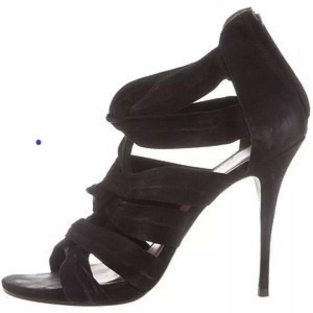 Elizabeth and James ELOVE Black Suede Strappy Sandal Stiletto Heels SZ 8